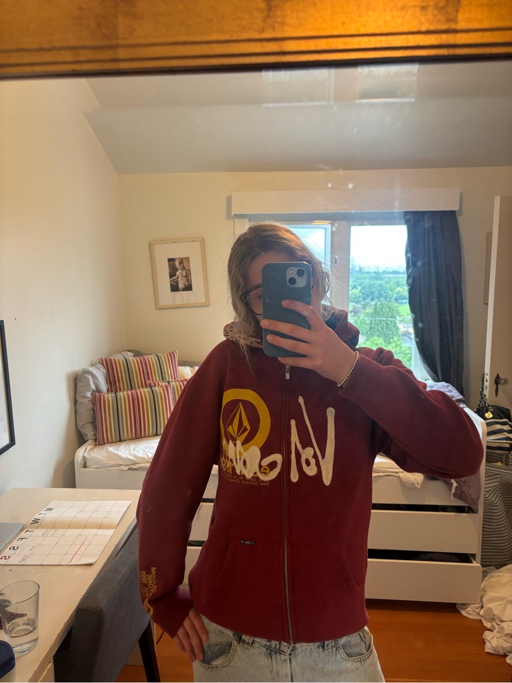 Volcom Burgundy Zip Hoodie with Cream Graphic
